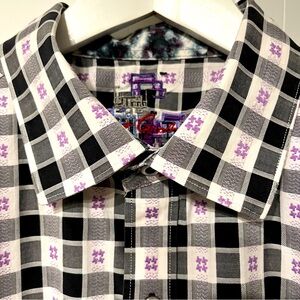 Robert Graham Men’s Dress Shirt Black & White Check with Flip Cuffs Size X-Large
